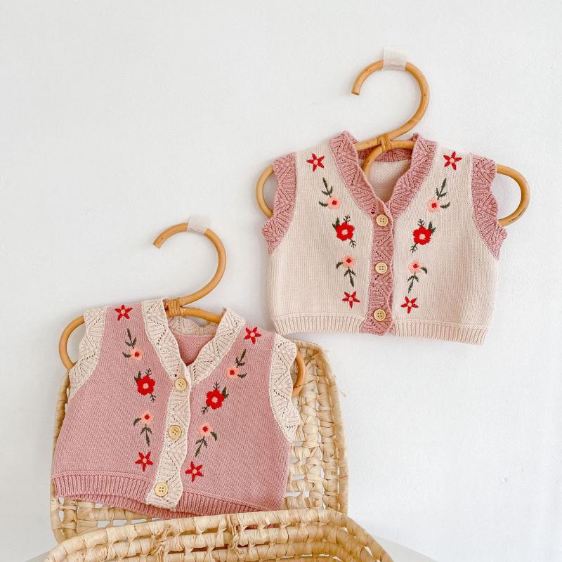Strickweste für babys, ärmellos, mit blumenstickerei, süße strickjacke für mädchen, lässige babyweste