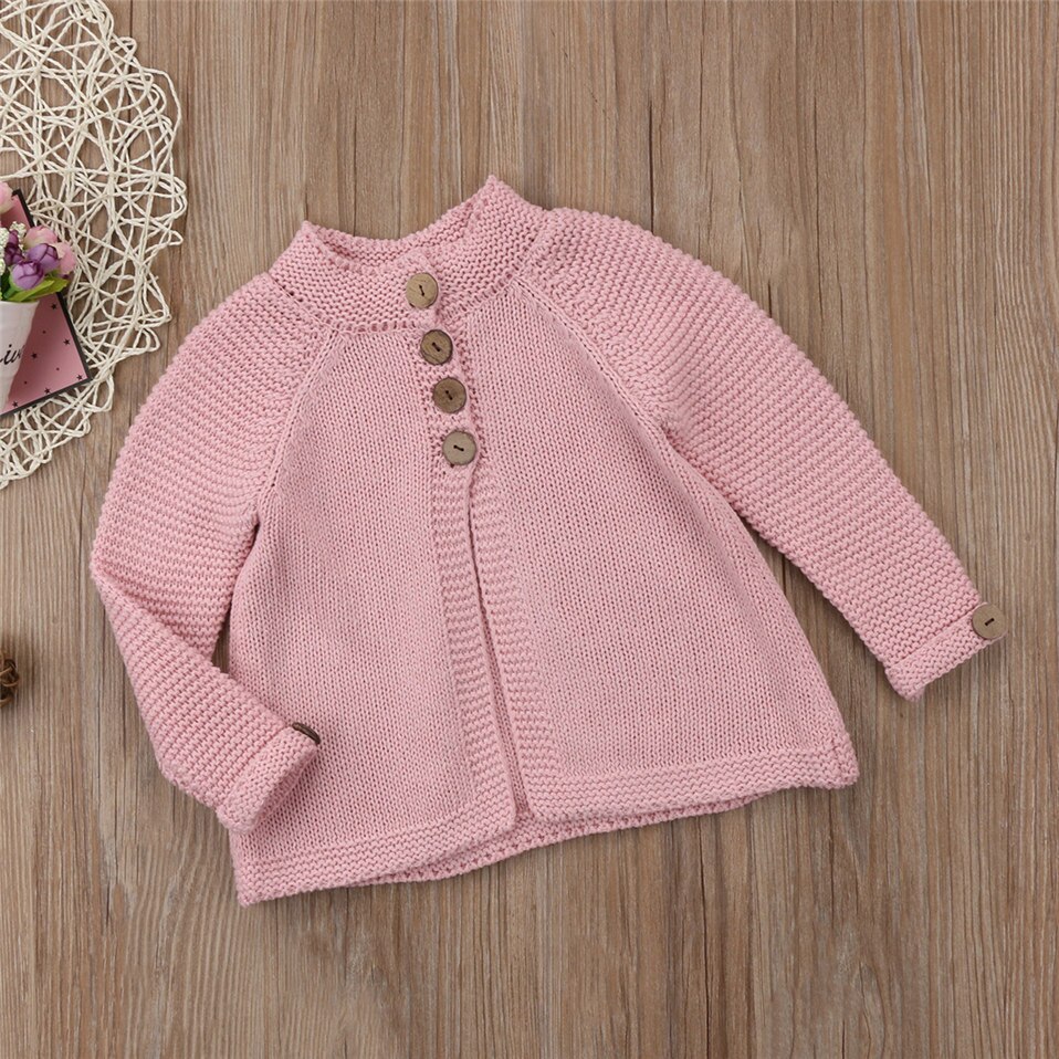 Efterår vinter bomuldstrøje overdele baby børnetøj piger strik cardigan sweater træknap børnetøj kostumer: Lyserød / 90cm