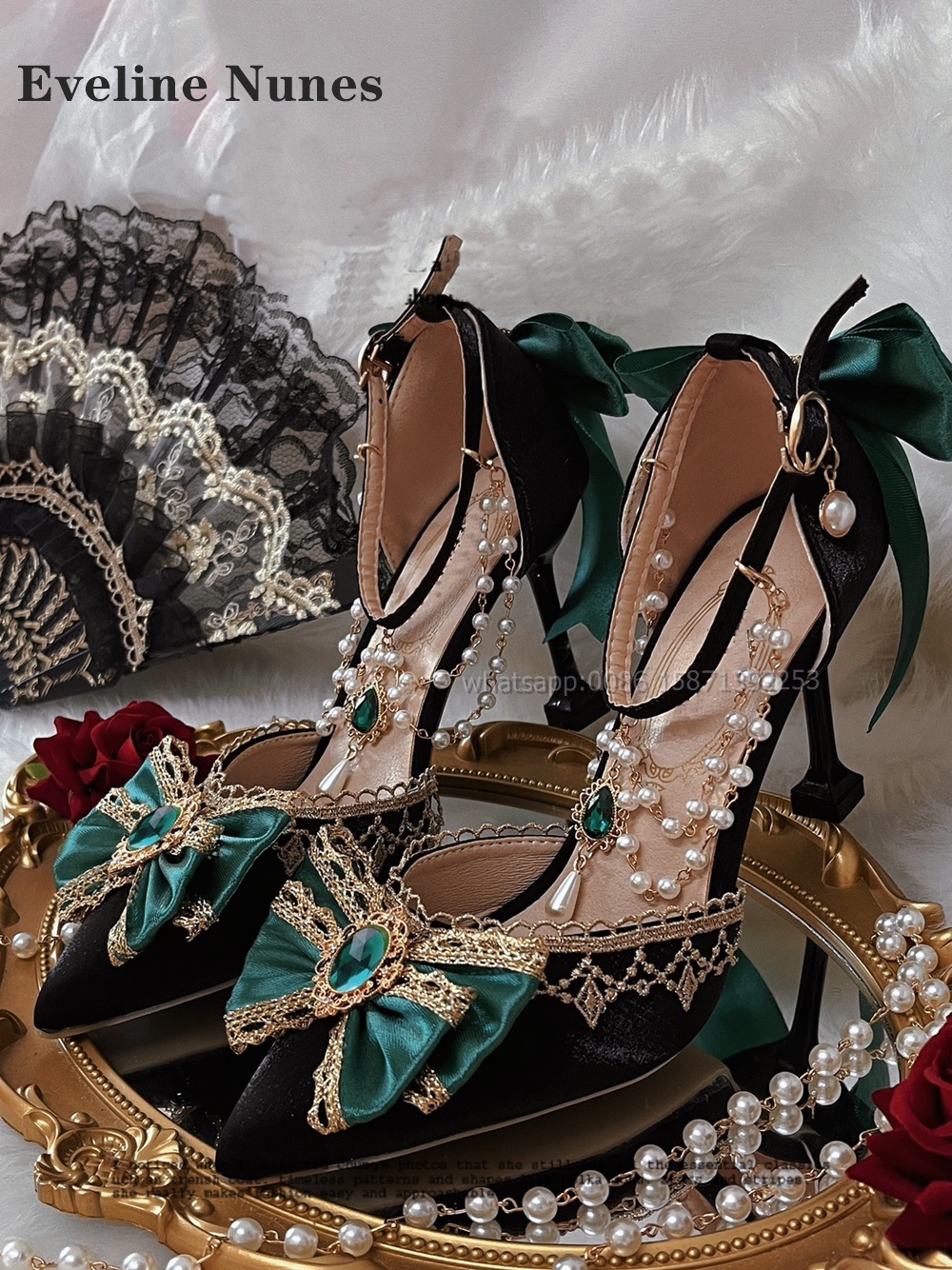 Sandálias femininas com gemas de pérola curva, dedo apontado, estilete, cetim de renda, alça reta, salto feminino, estilo lolita, bombas requintadas, festa, 2024: Verde / 36