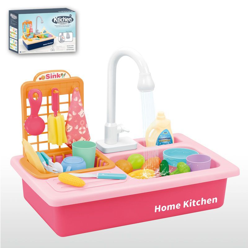 Pretend Play Kitchen Toys with Electric Water Wash Basin Kit for Children Kids Plastic Simulation Electric Dishwasher Sink