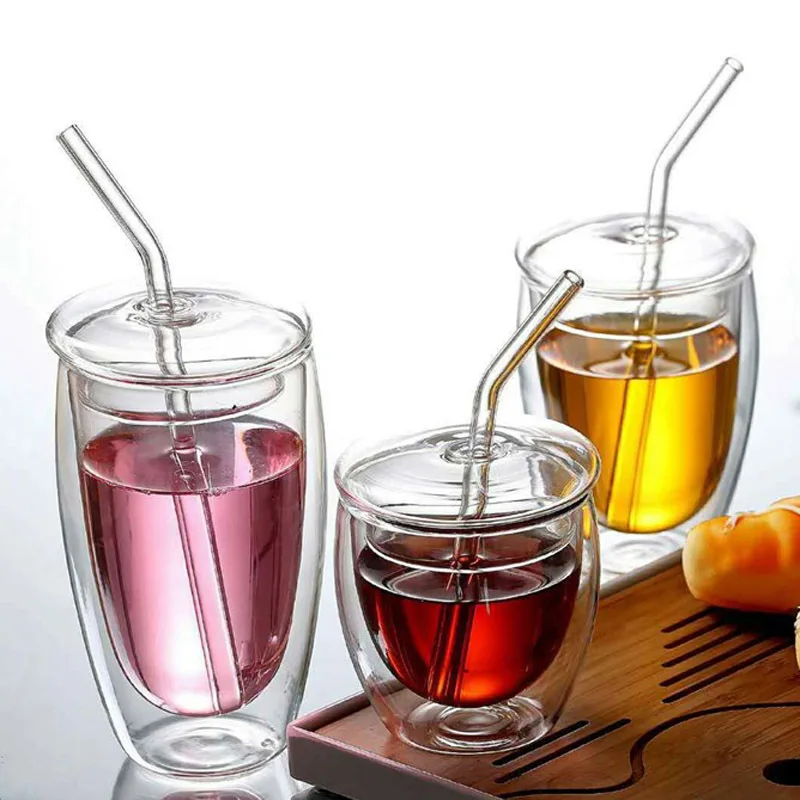 450ml Double-layer Glass Insulated Dessert Coffee Mug with Lid Straw Milk Jug Transparent Sealed Cup Drinkware