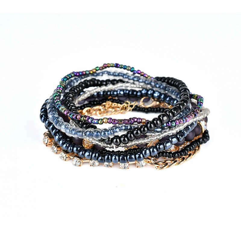 Bohemia smykker af flerlags elastisk vævet sæt perler armbånd & armbånd til kvinder med blad kvast charm wrap wrap armbånd pulsera: Sort