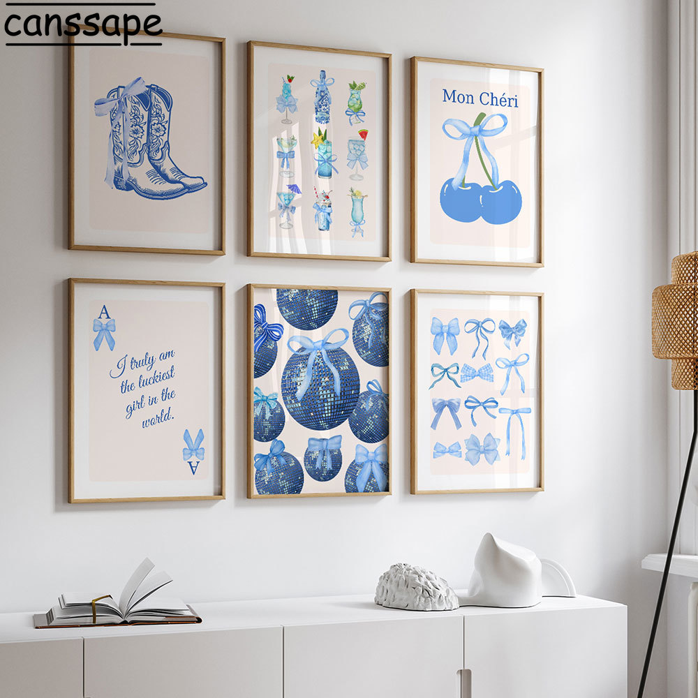 Blauwe cowboylaarzen muurkunst strik poster discobal canvas schilderijen print preppy meisje woonkamer esthetische decoratie