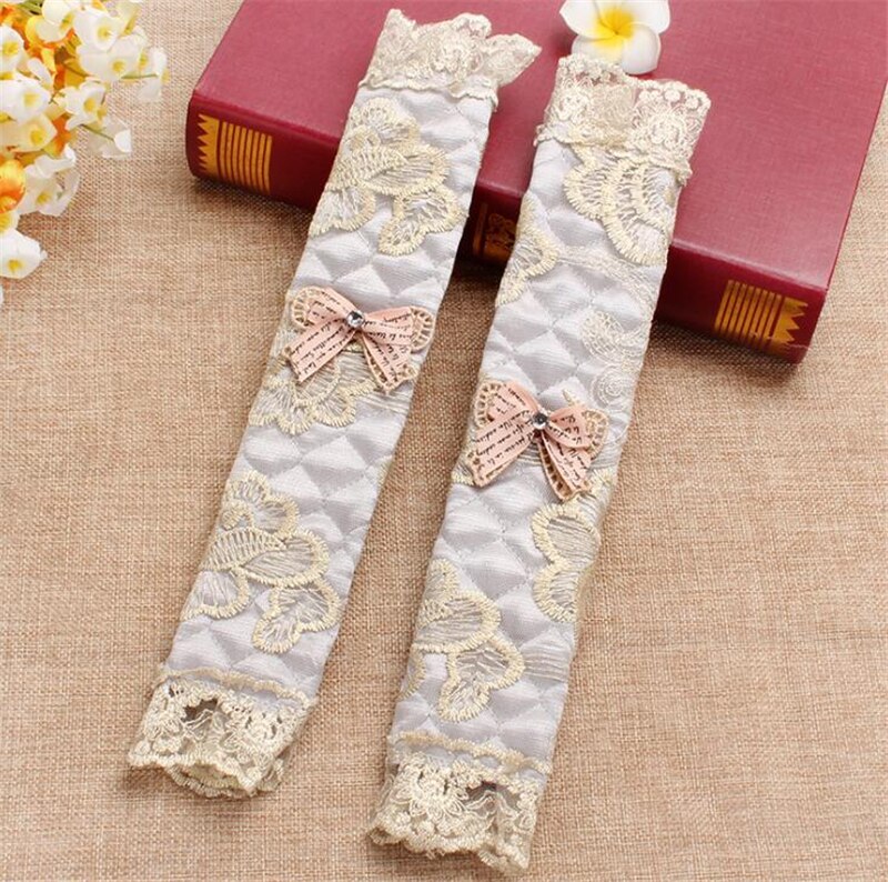 Cubierta de manija de encaje, cubierta de perilla de puerta, guantes de algodón para refrigerador, accesorios de herramientas para el hogar, cubierta de manija de puerta de nevera de doble puerta: Silver grey long