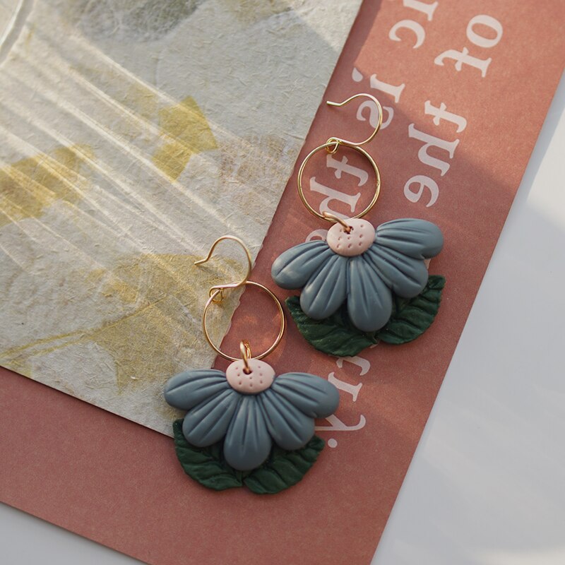 Flower Shape Ring Dangle Multi Colors Big Size Handmade Polymer Clay Spring Collection Earring Sets Statements Jewelry: gray