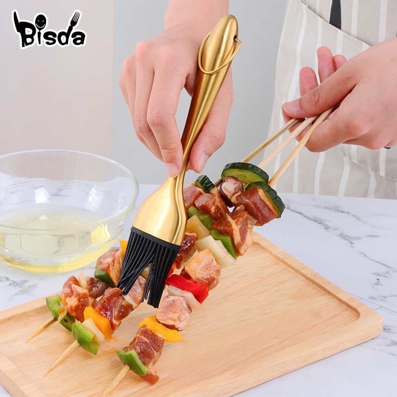 Cepillo de aceite con mango de acero inoxidable, cepillo de silicona dorado, herramientas para parrilla de barbacoa y pastelería, utensilios para hornear de cocina, 1 ud.