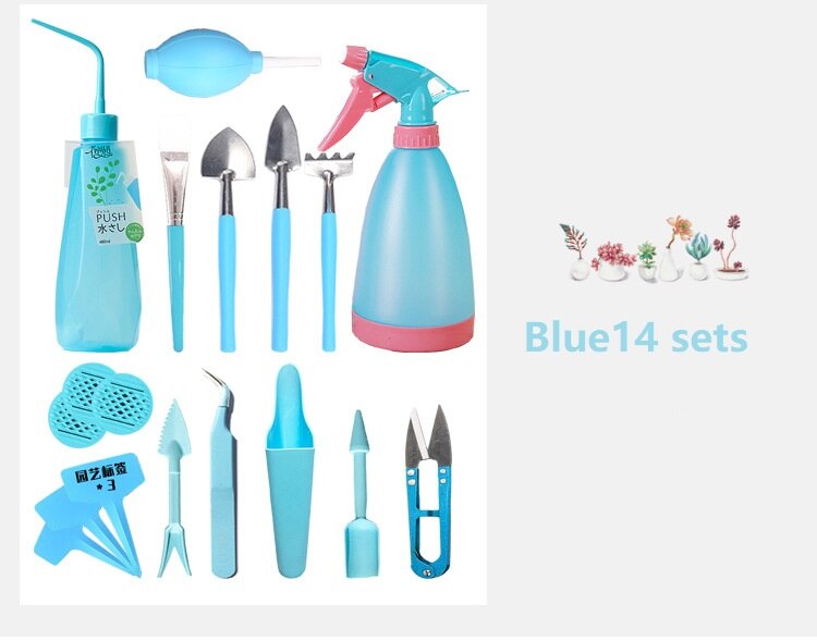 Bouteilles d'arrosage plantes miniatures | Mini ensemble d'outils à main de jardinage multifonctions plantes succulentes, outils de jardinage: Blue 14pcs