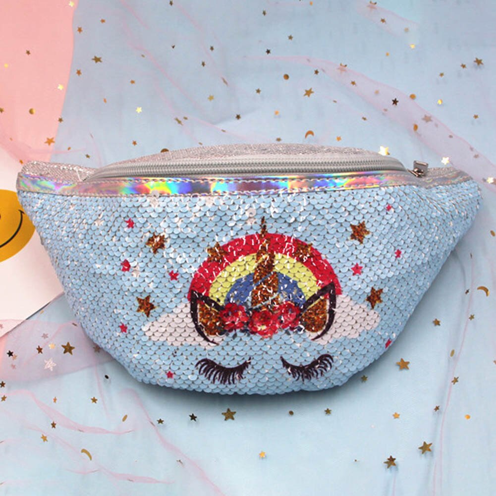 Kids Sequins Printing Unicorn Waist Bag For Women Fanny Packs Girls Shoulder Bag Travel Mobile Phone Bags