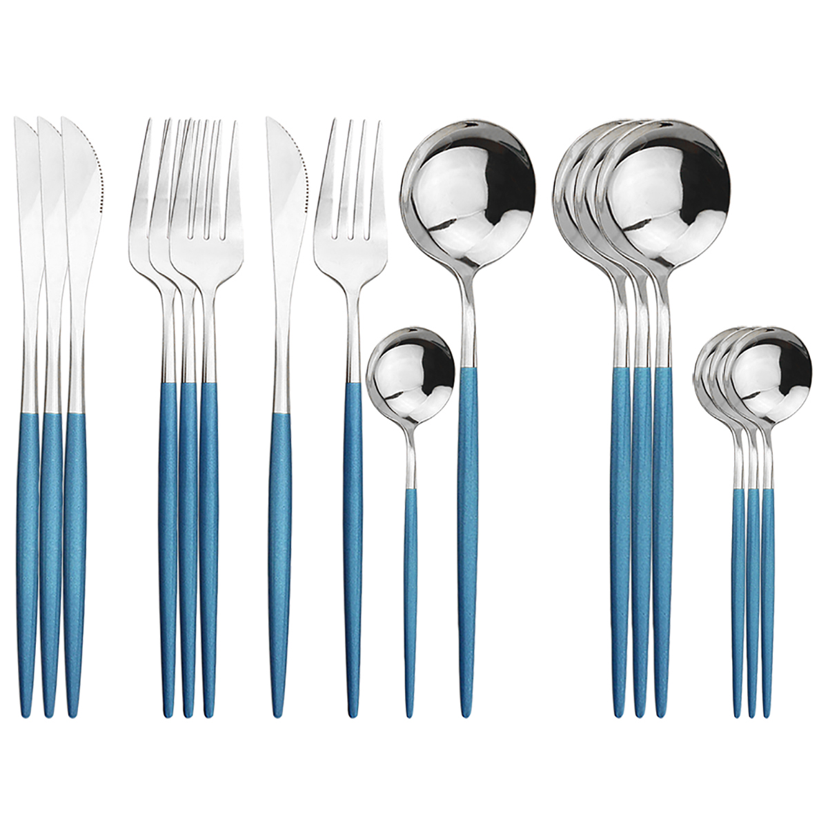 16Pcs/Set Dinnerware Set Black Cutlery Set 304 Stainless Steel Flatware Set Knives Fork Spoon Kitchen Party Tableware Silverware: Blue Silver