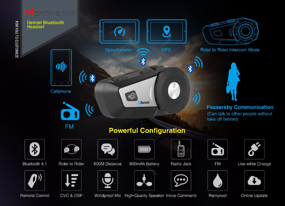 M6 Plus 1000m Motorcycle Bluetooth Helmet Intercom Headset MP3 FM Voice Command Wired To 2 Way Radio Handsfree BT Interphone