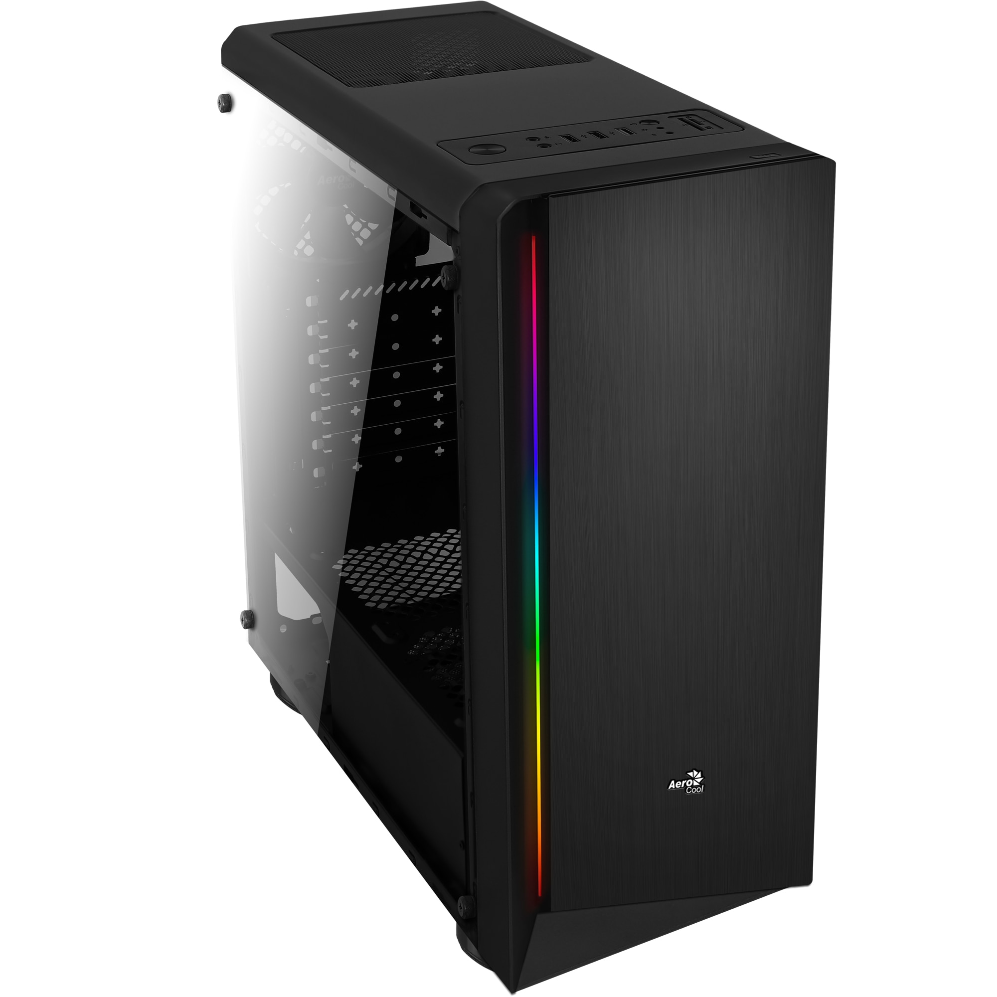 Aerocool Rift, caja de PC, panel transparente, LED RGB, ventilador 12 cm, negro