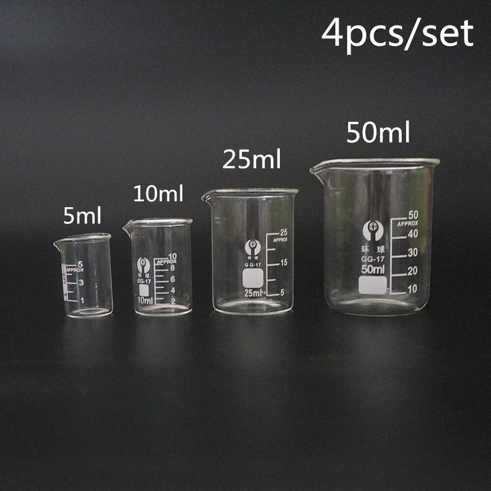 4Pcs/set 5ml/10ml/25ml/50ml Glass Beaker Pyrex Beaker Lab Measuring Cup for Lab or Kitchen Use