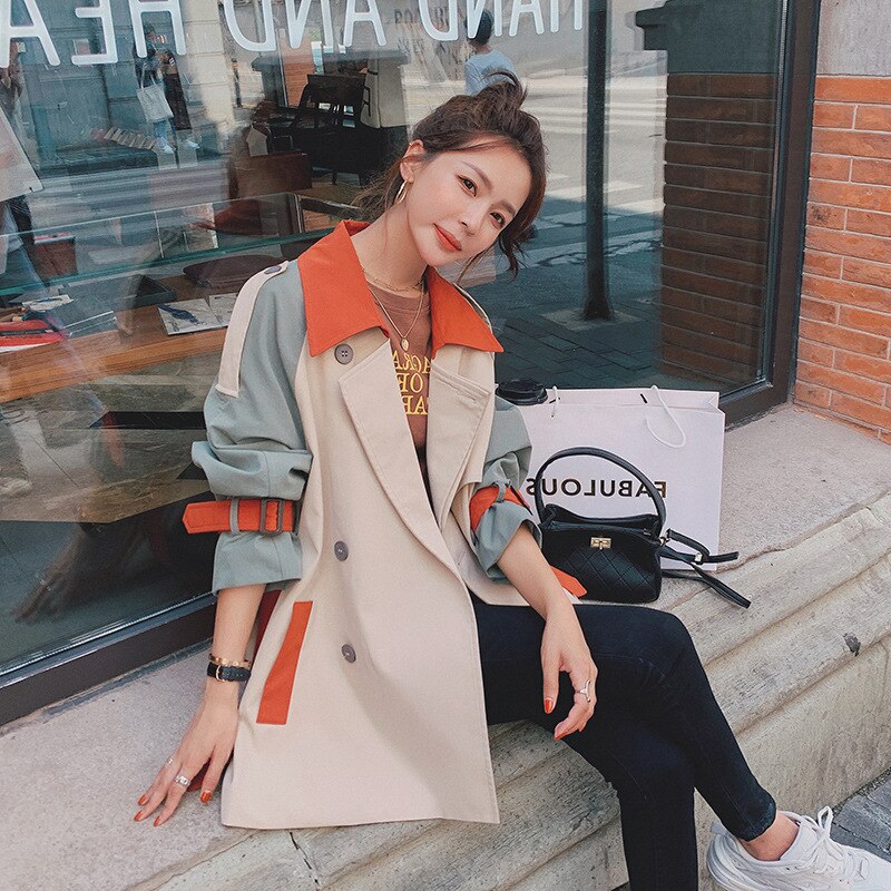 Women Coat Long Jacket Autumn Winter Korean Sweet Full Long Turn-down Collar Spliced Double Breasted Coats