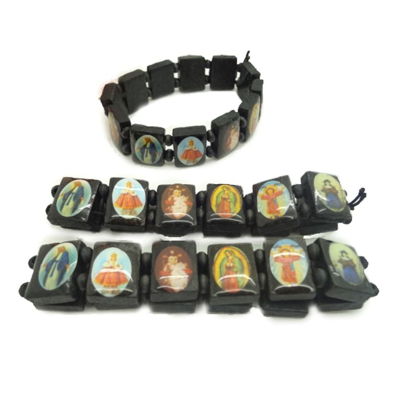 4Pcs Katholieke Sieraden Christian Levert Houten Icoon Elastische Bead Armband