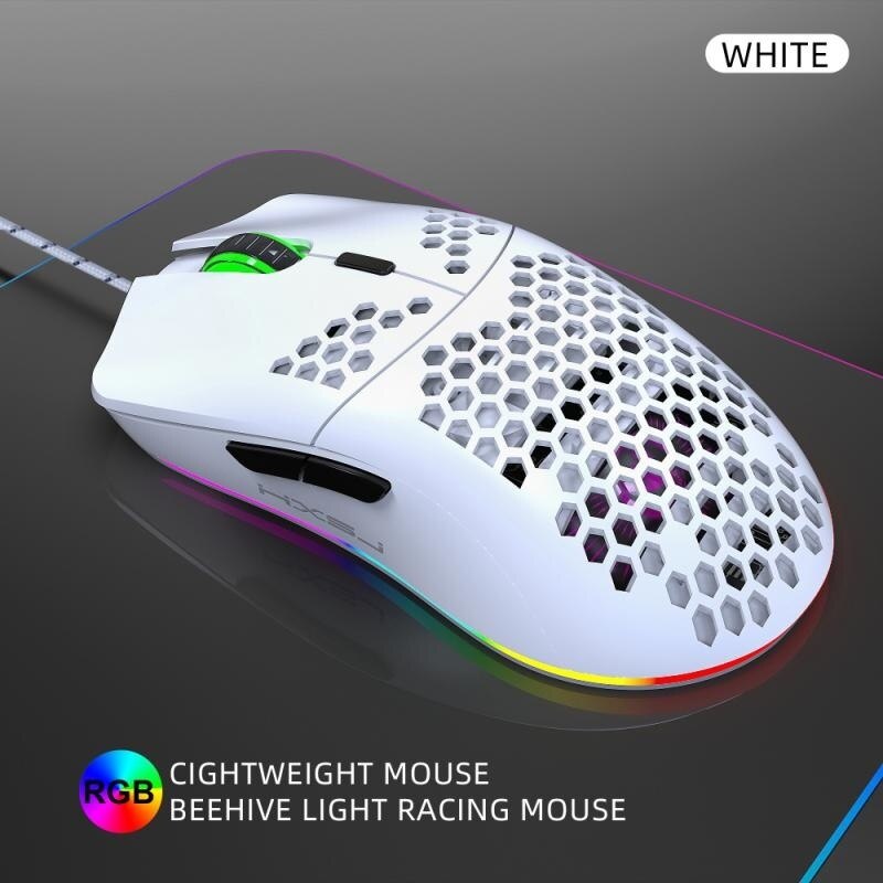 HXSJ-ratón con cable USB J900 para Gaming, Mouse con luz RGB, seis DPI ajustables, ergonómico hueco: white
