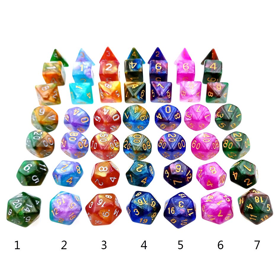 7 Pc Polyhedral Rpg Dobbelstenen Set Kleurrijke Met Glitter (D4 D6 D8 D10 D % D12 & D20) voor Dnd D & D Roleplaying Games