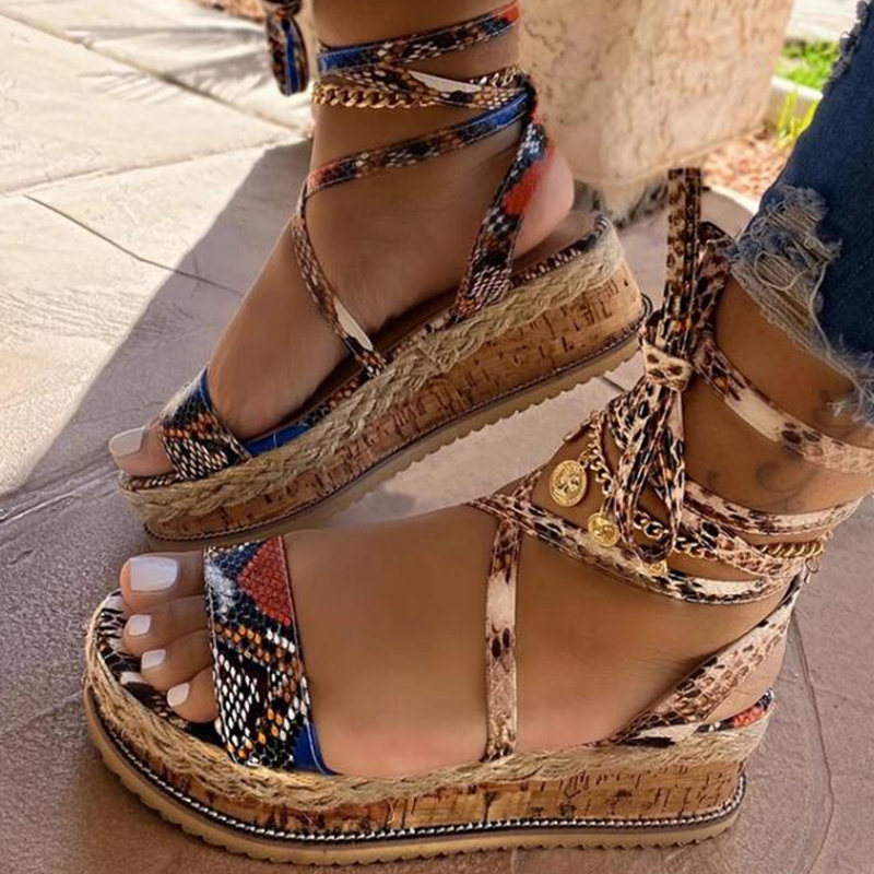 Sandalias de verano para mujer, Sandalias de tacón alto estilo bohemio con plataforma y lazo para mujer, zapatos de punta abierta con correa en el tobillo: 36