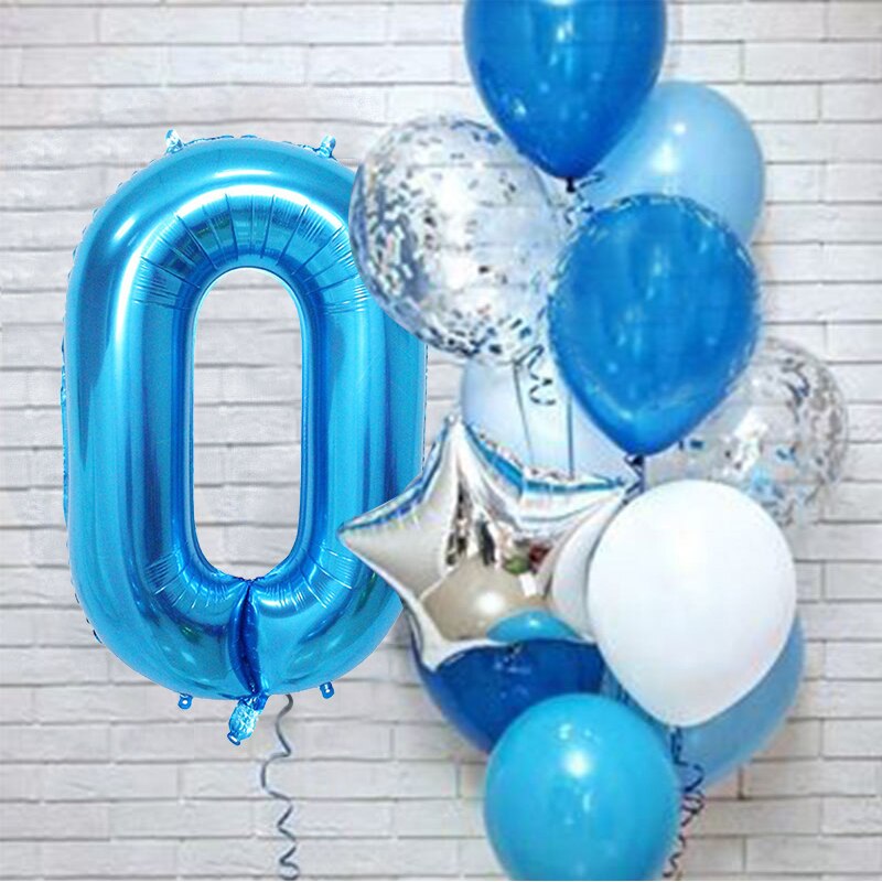 PartyLab 12Pcs/set Number Foil Latex Blue Balloons for Kids Birthday Decoration 1st One Year Birthday Boy Decor Baby Balloon: Number0 set