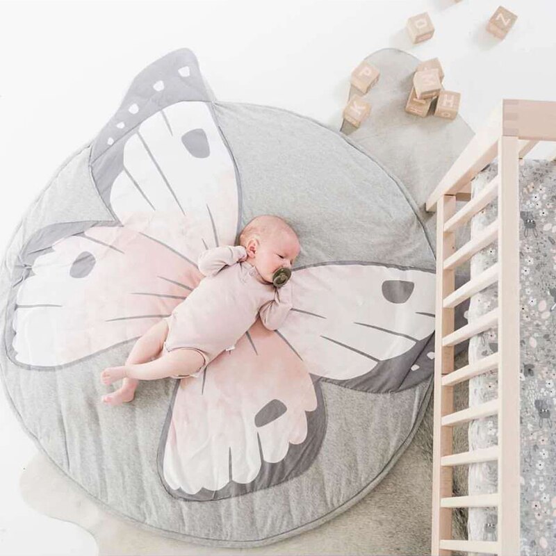 Play Mat Cartoon Animal Baby Mat Newborn Infant Crawling Blanket Cotton Round Floor Carpet Rugs Mat for Kids Room Nursery Decor: Butterfly