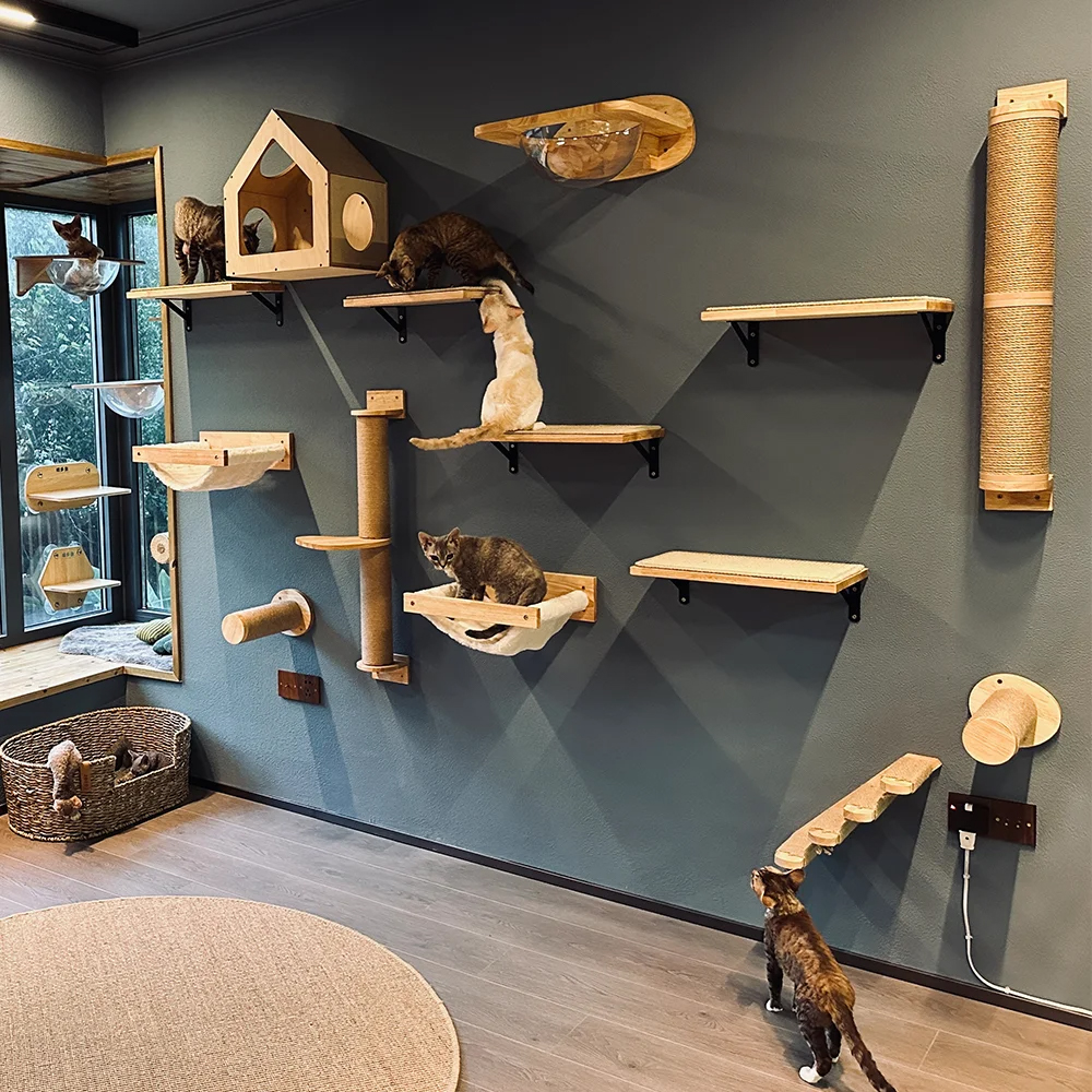 Cat Tree Wall Mounted Climbing Shelves Wooden Hammock with Ladder and Cat Bridge for Cat Perch Sleeping Pet Indoor Playground