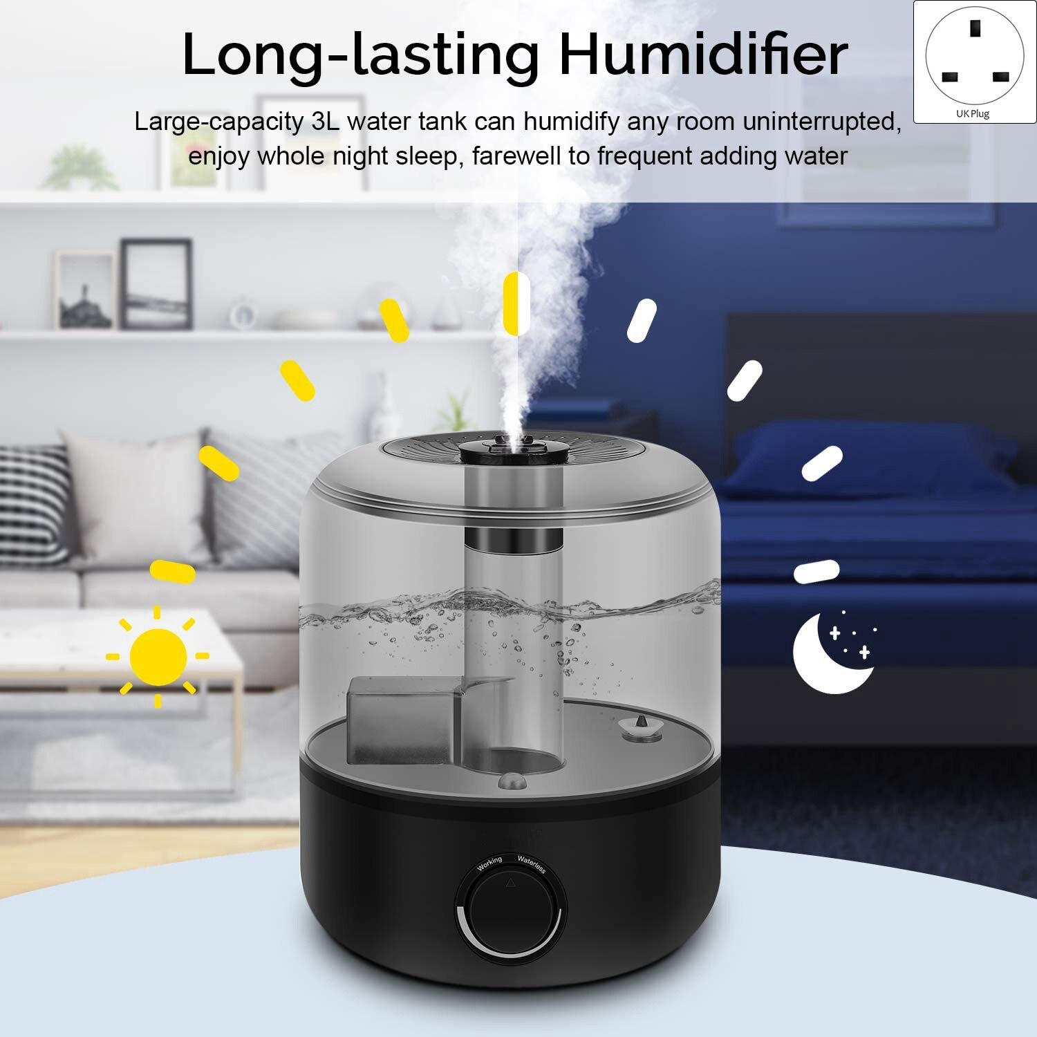 Ultrasonic Cool Mist Humidifiers 3L,USB Portable Quiet Desk Diffuser for Large Bedroom Home Office Room