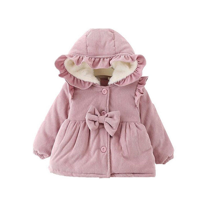 Toddler Infant Baby Girl Coat Winter Warm Solid Princess Bow Long Sleeve Hooded Ruffle Jackets Top