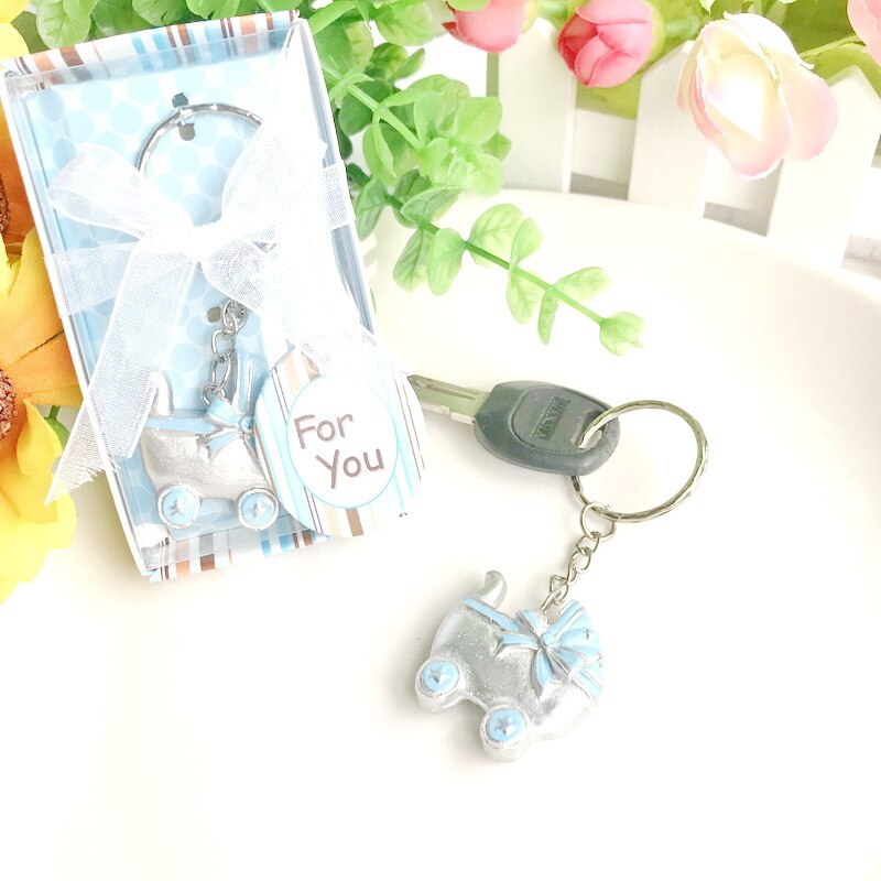 10 stk/parti pink/blå barnevogn nøgleringe fødselsdåb nøglering favor baby shower favoriserer souvenir