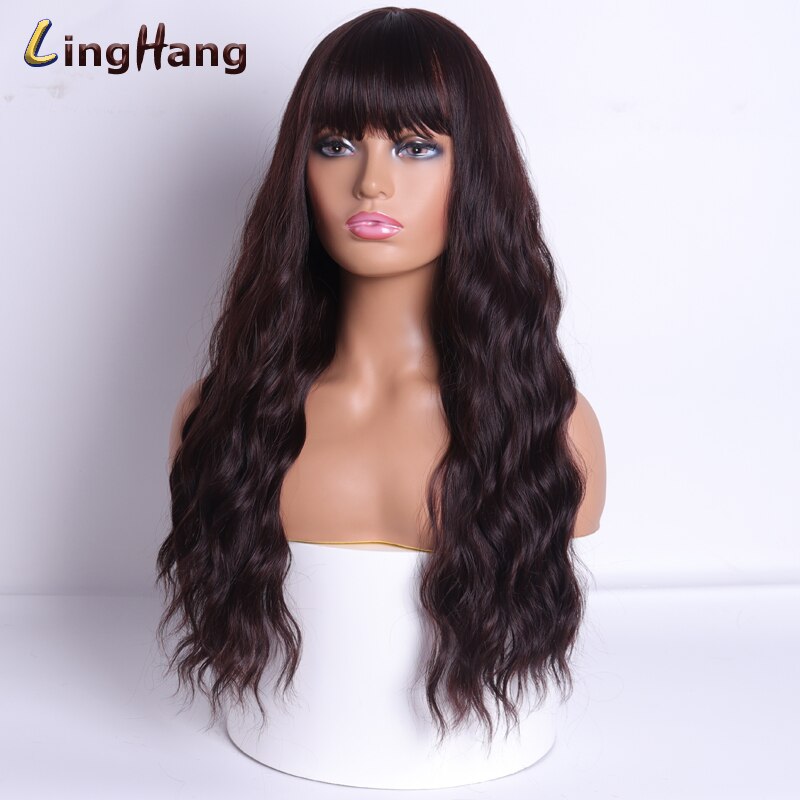LING HÄNGEN Lange Wellig frauen Perücke 24-Zoll Synthetische Braun Haar Mit Pony Natürliche Wellenförmige Hohe Temperatur Faser perücke: 8