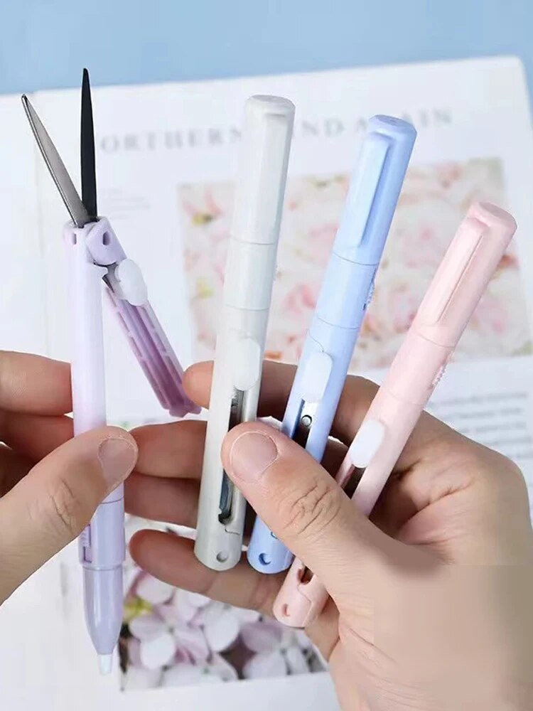 Mini tijeras portátiles 2 en 1, cúter de papel, bolígrafo de bolsillo multifuncional con forma de álbum de recortes, herramientas de arte para tallado y corte, 1 ud.