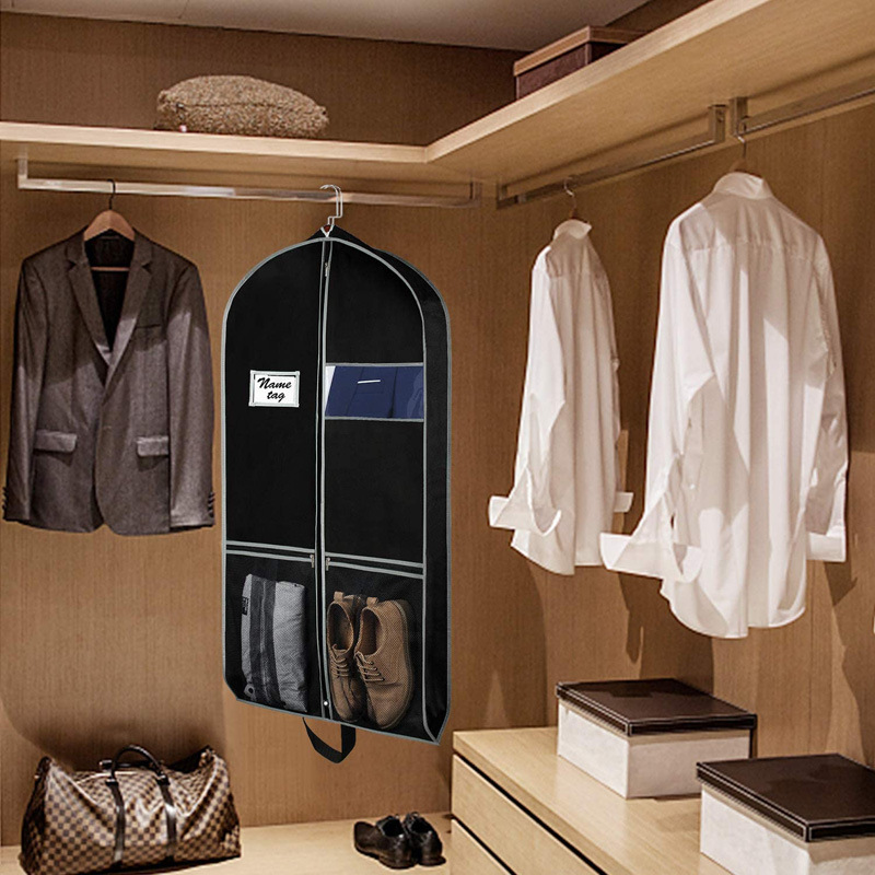 Funda de traje con refuerzo negro con bolsillos grandes para zapatos de malla, bolsas de ropa colgantes para viaje, bolsa de ropa transpirable, abrigos, bolsas de vestir