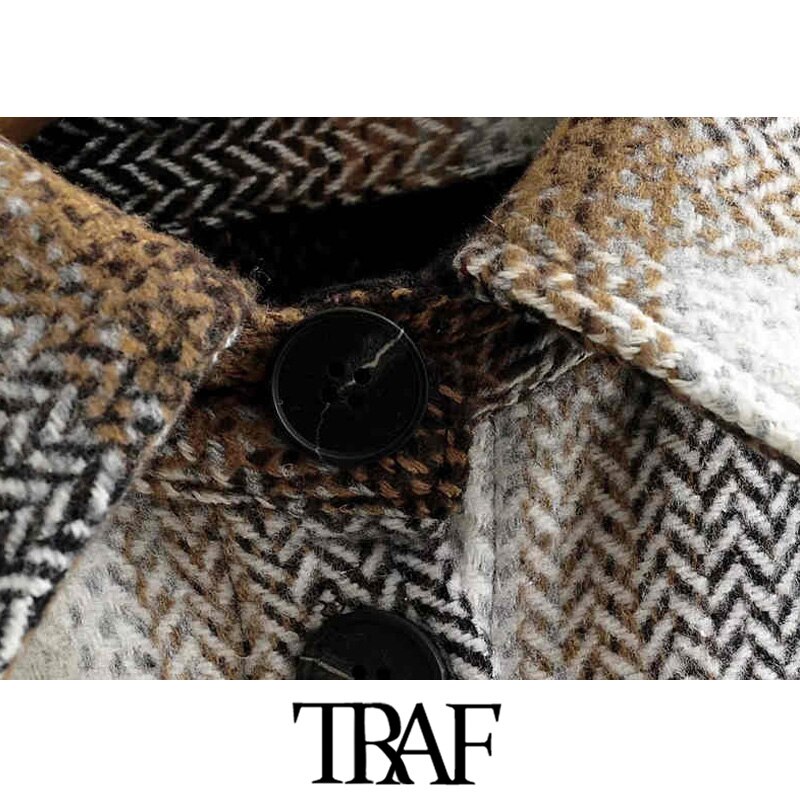 TRAF-Chaqueta de lana a cuadros para mujer, chaqueta holgada de lana de gran tamaño con bolsillos y manga larga, Estilo Vintage