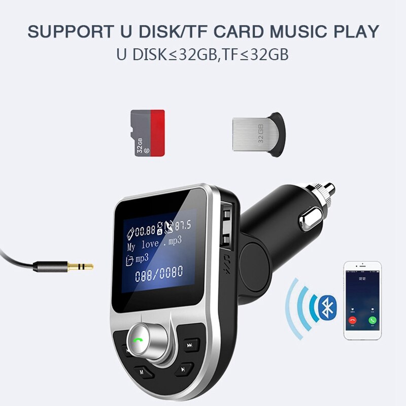 auto Senza Fili di Bluetooth Adattatore Trasmettitore FM MP3 Radio di Musica Lettore kit per auto 2 USB Caricatore con Le Chiamate in Vivavoce nero e sil