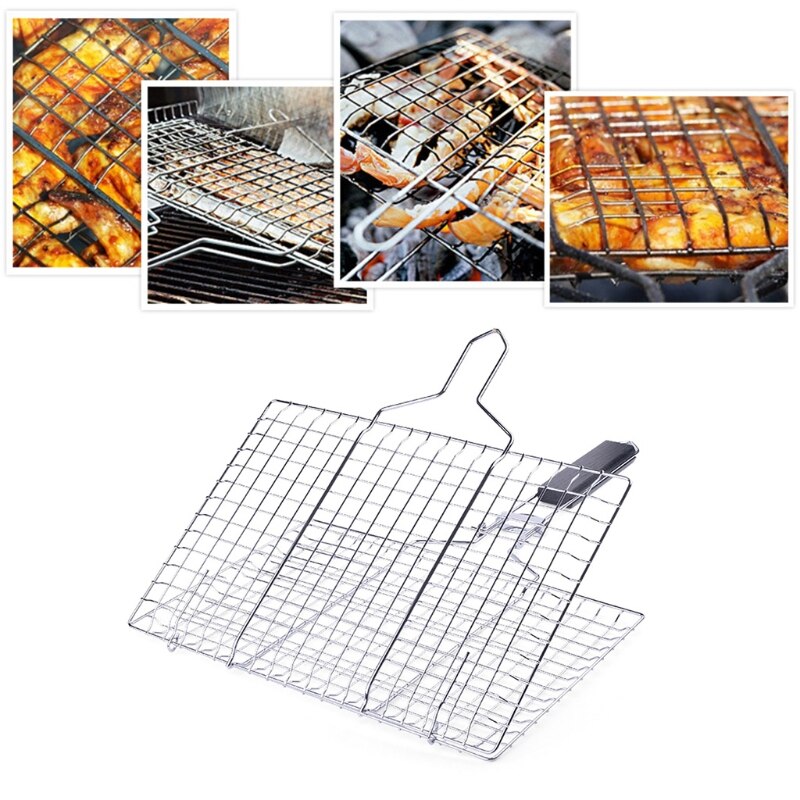 BBQ Grill Basket Stainless Steel Grilling Basket with Removable Handle, Perfect for Grilling Vegetables, Fishes, Shrimp, Chops -