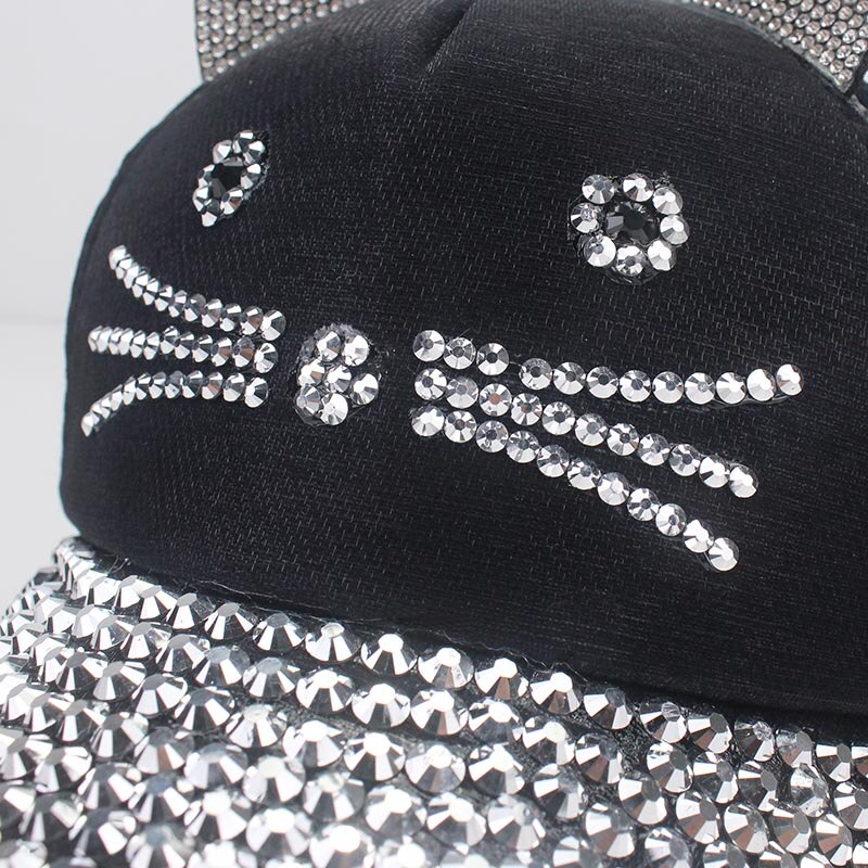 Gorra de béisbol ajustable con orejas de gato para niños, gorro con diamantes de imitación, perlas, ajustable, para primavera y verano