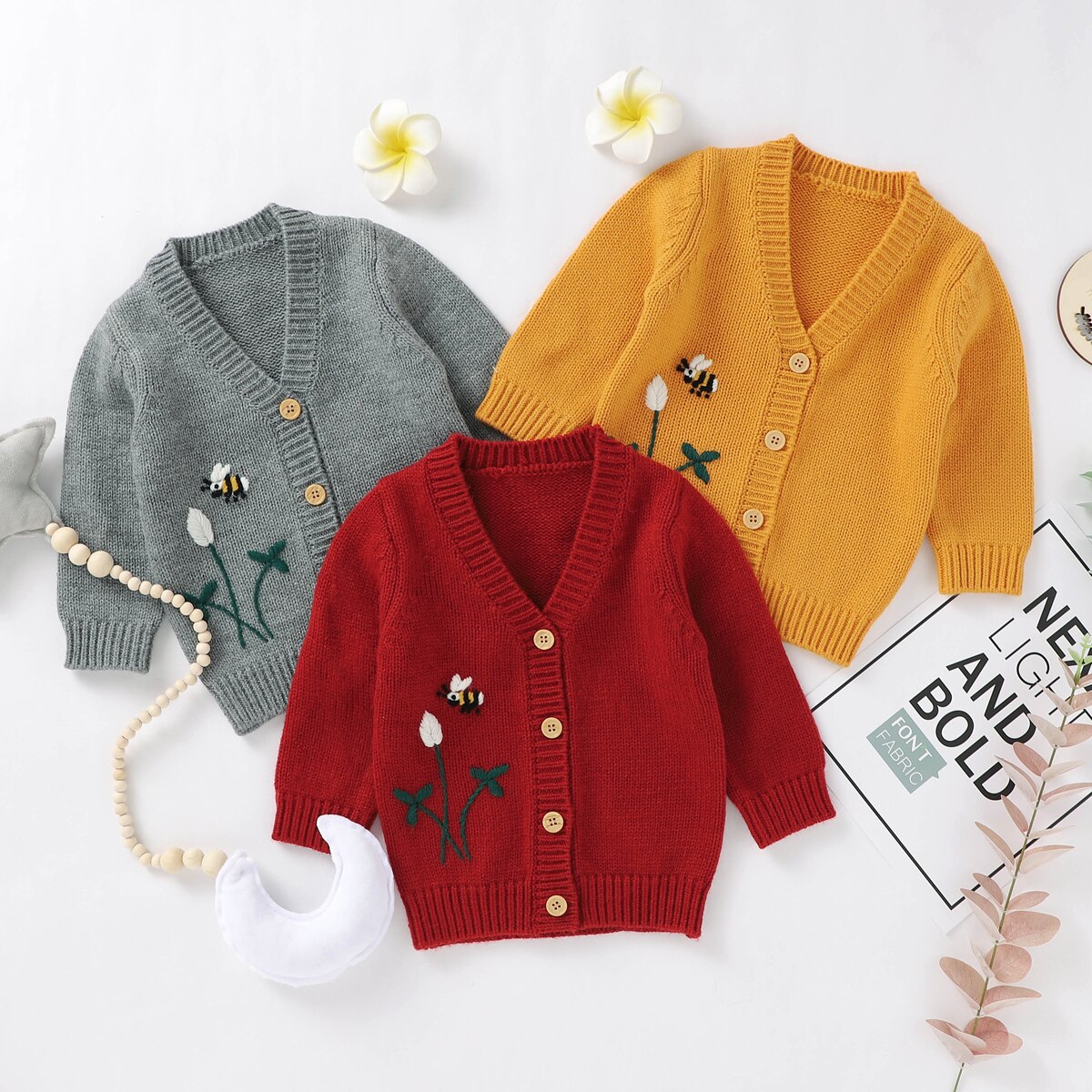 Efterår vinter børn baby sweatere leopard broderi strik frakke spædbarn baby pige dreng v-hals knapper sweatere cardigans overtøj