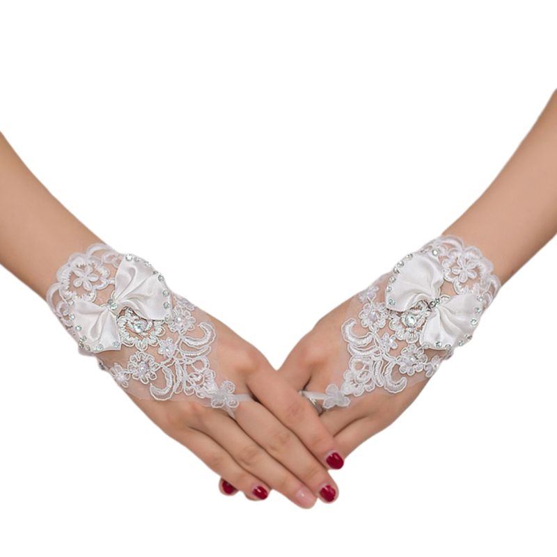 årgang palass broderi blondere korte hansker sateng sløyfe rhinestone perler justerbar bånd bryllup brude votter