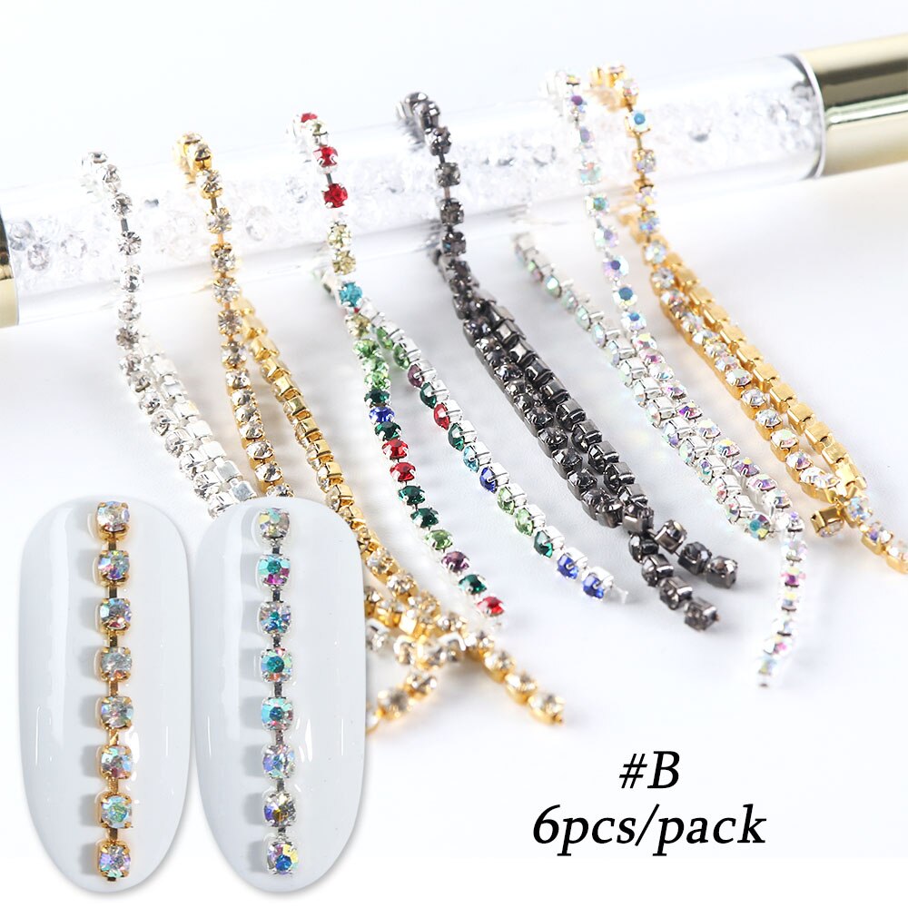 6 st diamanter metallkedja strass på naglar linje 3d färgglada randiga smycken flatback ädelstenar strass nail art tillbehör  be799: B stil