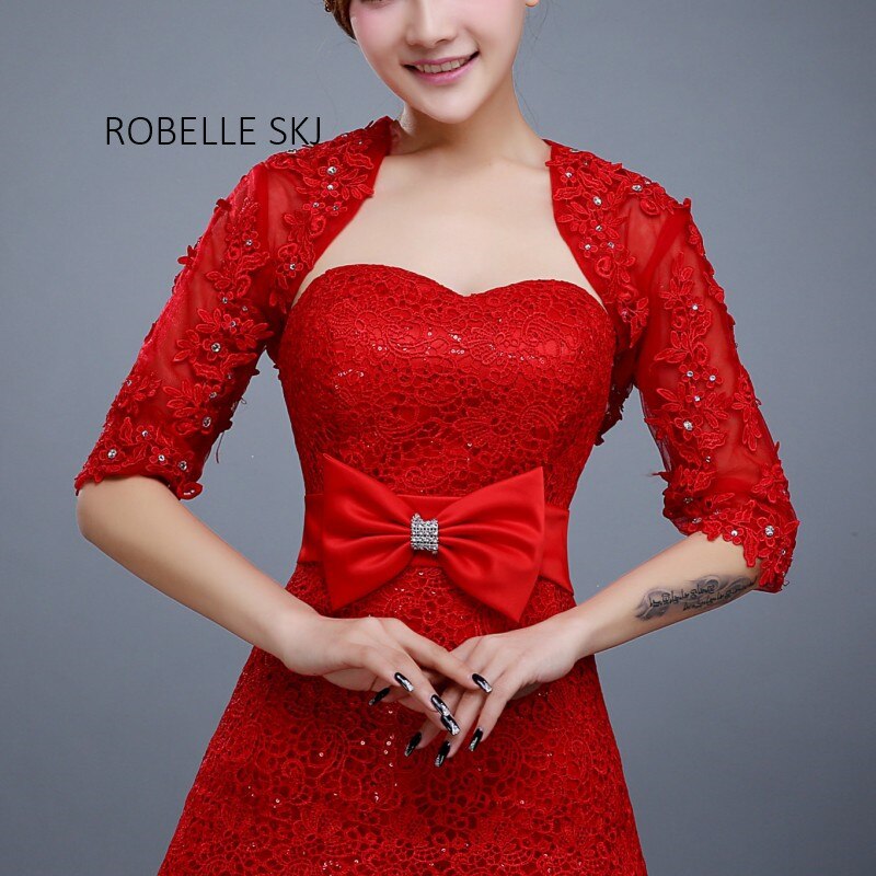 ivoire rouge mariée dentelle veste boléro femmes hausser châles accessoires de mariage une taille demi manches: Rouge