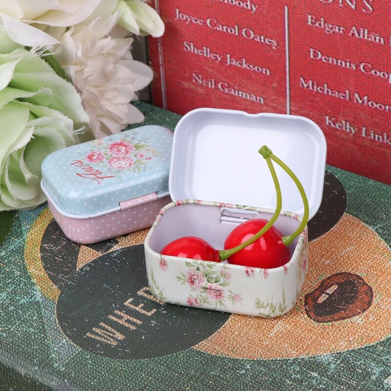 Flower Tin Trinket Jewelry Coin Box Tinplate Storage Case Small Rectangular U2JD