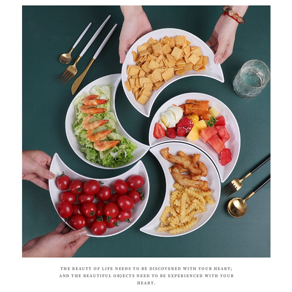 5 Pcs Kitchen Dinner Plates Crescent Shaped White Set Plate Dishes Stackable Food Snack Dinner Dish European Style Platters