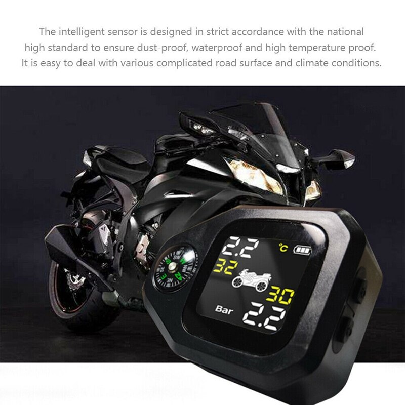 USB Solar Charging Motorcycle TPMS with Compass Tire Pressure Temperature Monitor Alarm System with 2 External Sensors