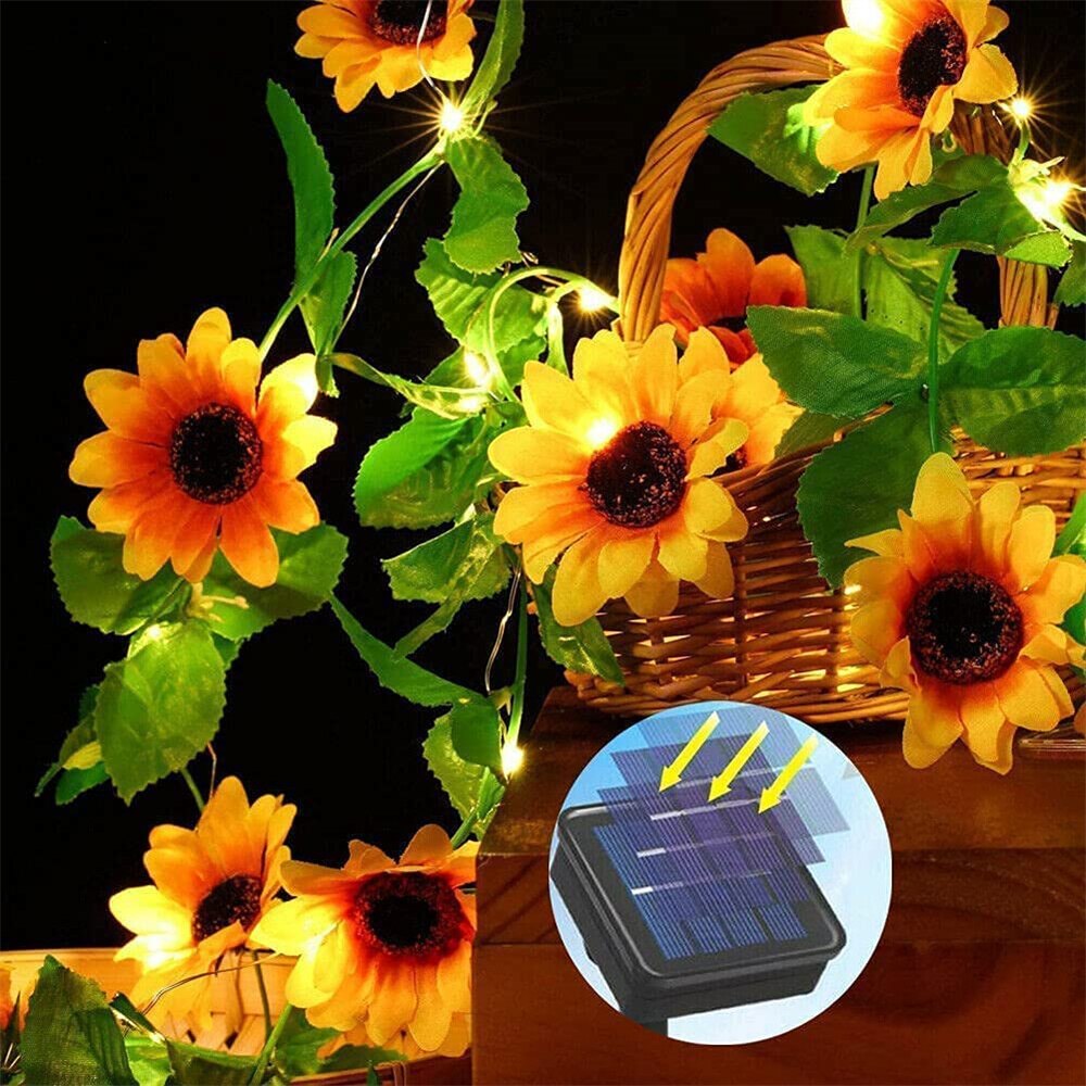 Guirnalda de luces LED para decoración de interiores y exteriores, guirnalda de luces de vid de hadas, a prueba de agua, girasol Artificial, funciona con energía Solar y con batería: Solar Powered / 10m 100leds