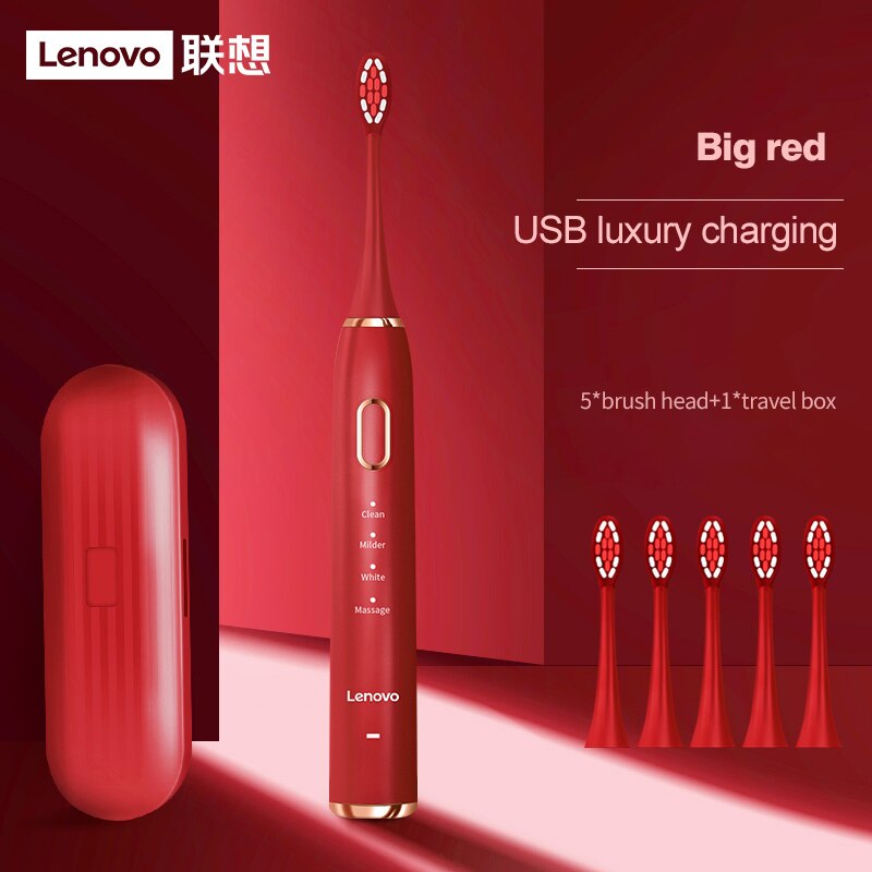 Sonic Toothbrush IPX7 Waterproof 5 Mode 45000 Minute Sterilization Protect Teeth Lenovo Electric Toothbrush: Red package 2