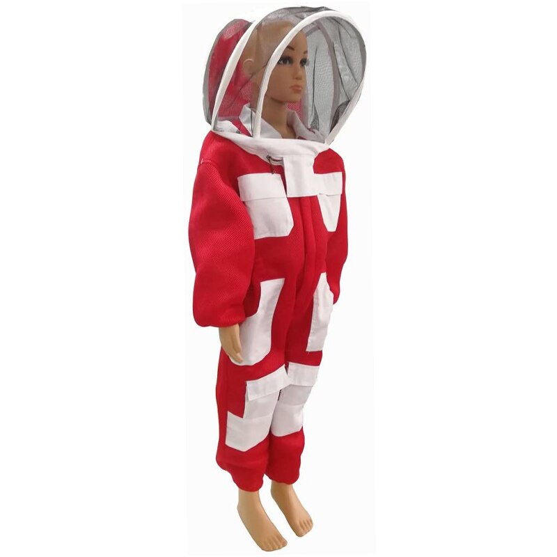 Children's Full-Body Ventilated Bee Suit-Cotton Red White Beekeeper Overalls with Automatic Veil Cover (120cm Height)