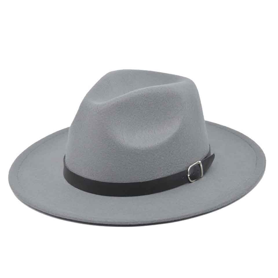 Klassieke Britse Fedora Hoed Brede Rand 8Cm Mannen Vrouwen Imitatie Wollen Winter Vilten Hoeden Mode Jazz Hoed Met Zwarte lederen Gesp: C0200-64
