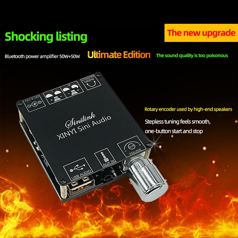 2*50W Bluetooth 5.0 Class D Audio Power 10W~200W Amplifier HiFi Stereo Wireless Music Player Mini USB Sound Card App Digital AMP