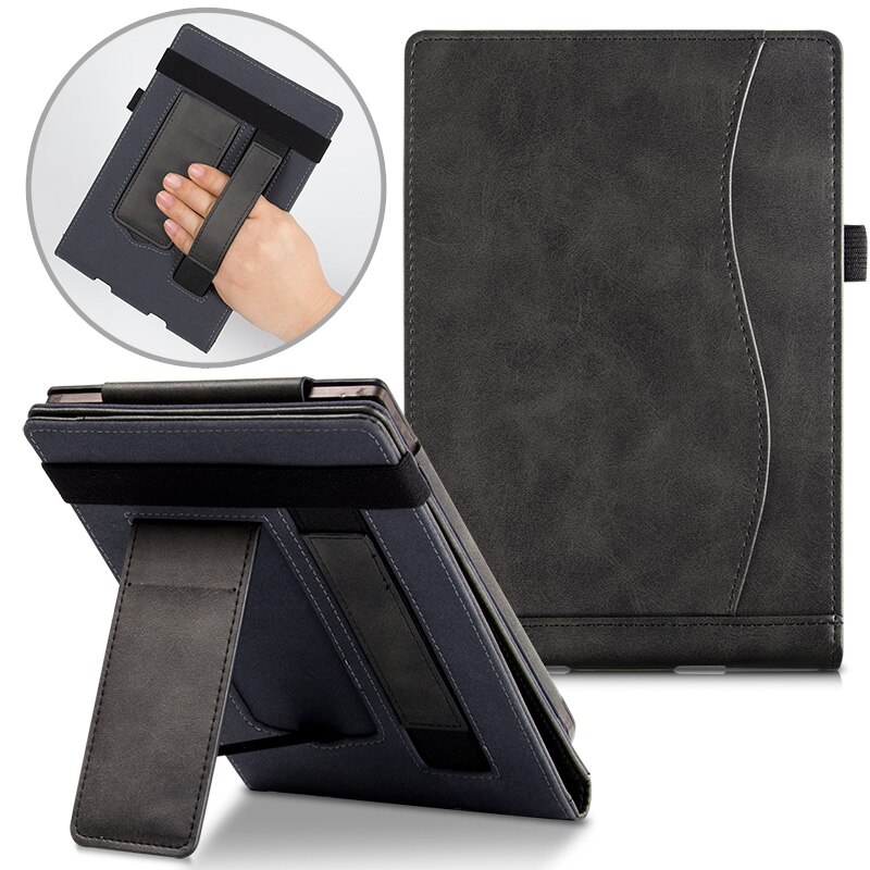 Stand Case for PocketBook 623/624/625/626 Plus/640/641 e-Reader - Premium PU Leather Sleeve Cover with Hand Strap: black