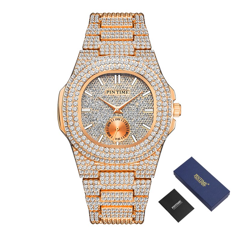 Fashon Iced Out Watch Men Diamond Hip Hop Mens Watches Top Brand Luxury Steel Gold Men Clock Montre Homme Reloj Hombre Relogio: Rose Gold-Box