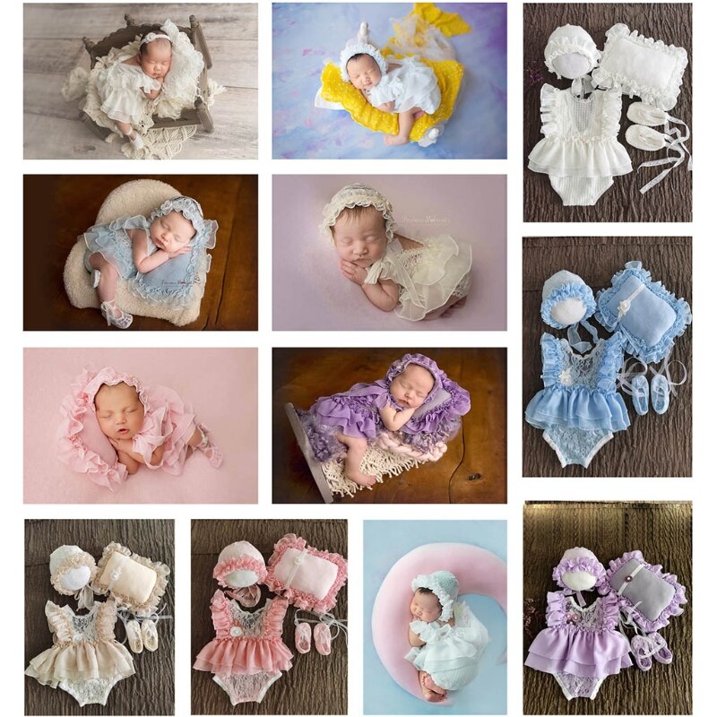 Set van 5 pasgeboren fotografie-accessoires: kanten jurkje, hoedje, kussentje, korte broek en schoenen.
