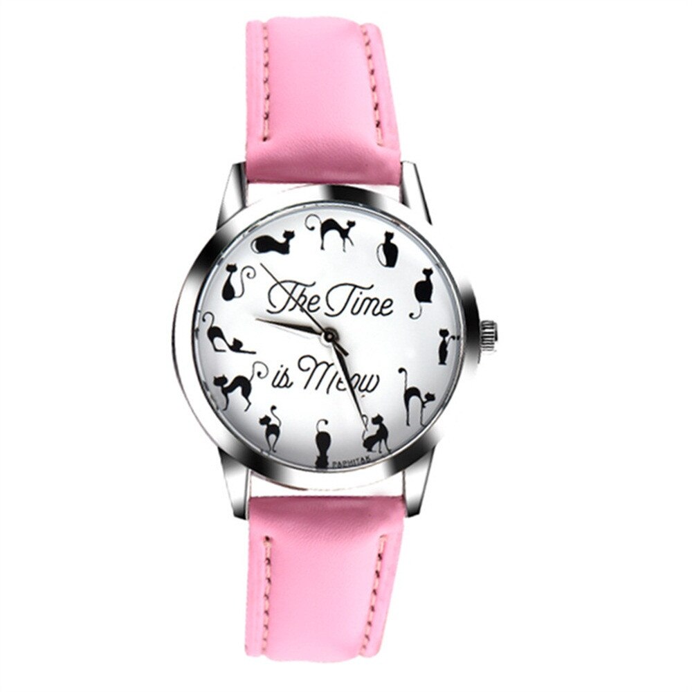 Vrouwen Horloge Leuke Kat Afdrukken Casual Dames Quartz Horloges Lederen Band Meisje Horloge Clcok Fi: Roze